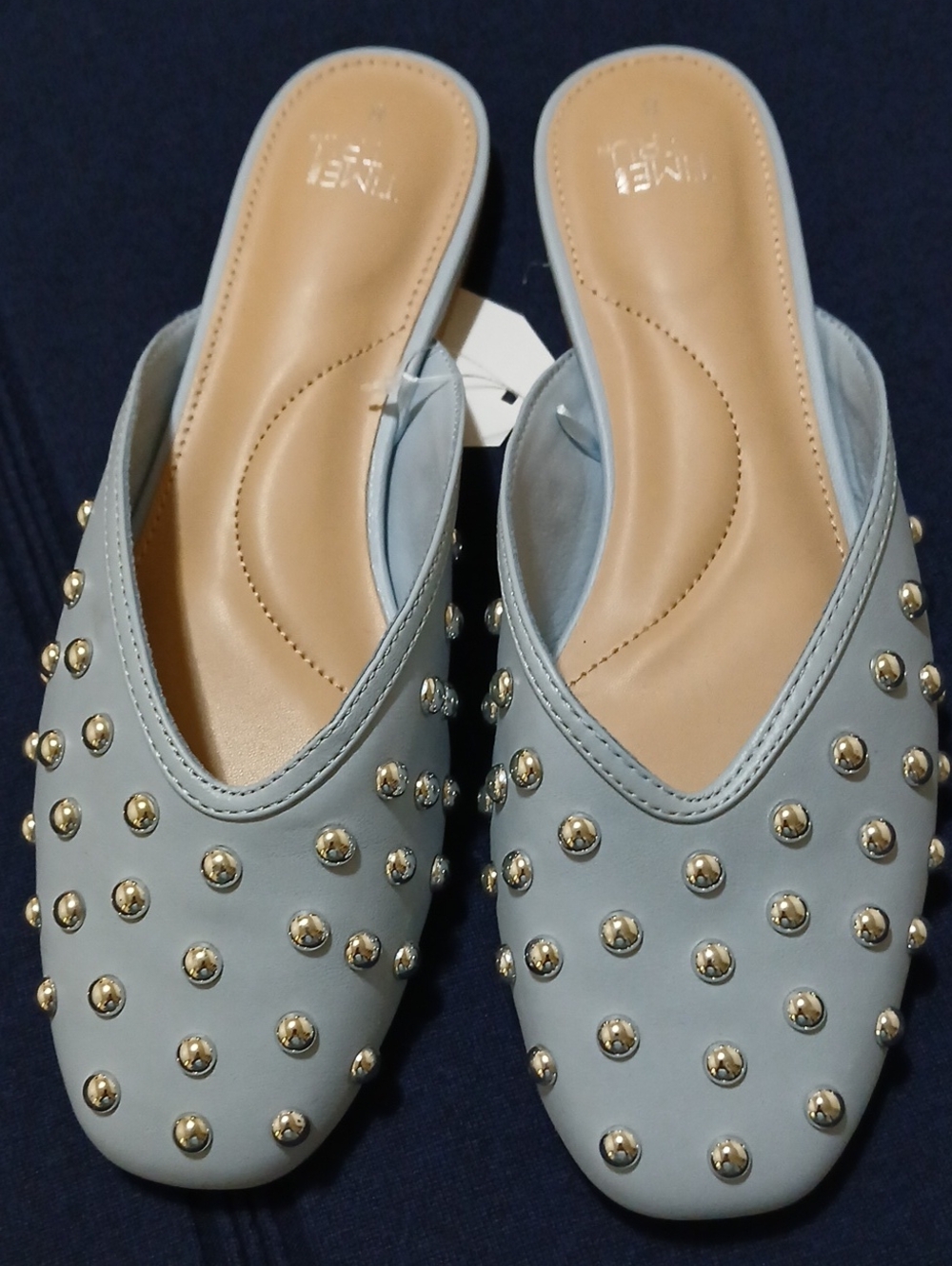 Time and Tru 8 Light Blue Studded Slip-On Mules